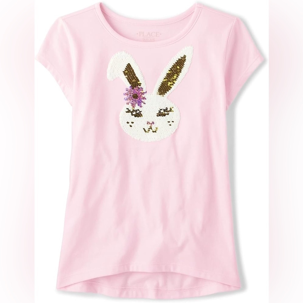 Children's Place | Girls Flip‎ Sequin Pink Floral Bunny Short Sleeve Tee